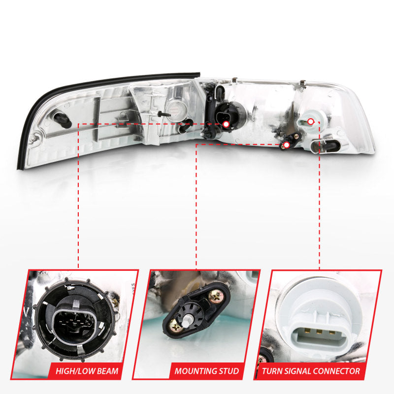Phare avant ANZO 1998-2005 Ford Crown Victoria Crystal Chrome avec éclairage de pare-chocs (OE)