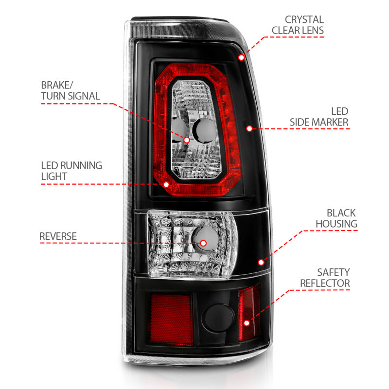 Feux arrière à LED ANZO 2003-2006 Chevy Silverado 1500 style planche noir avec lentille transparente