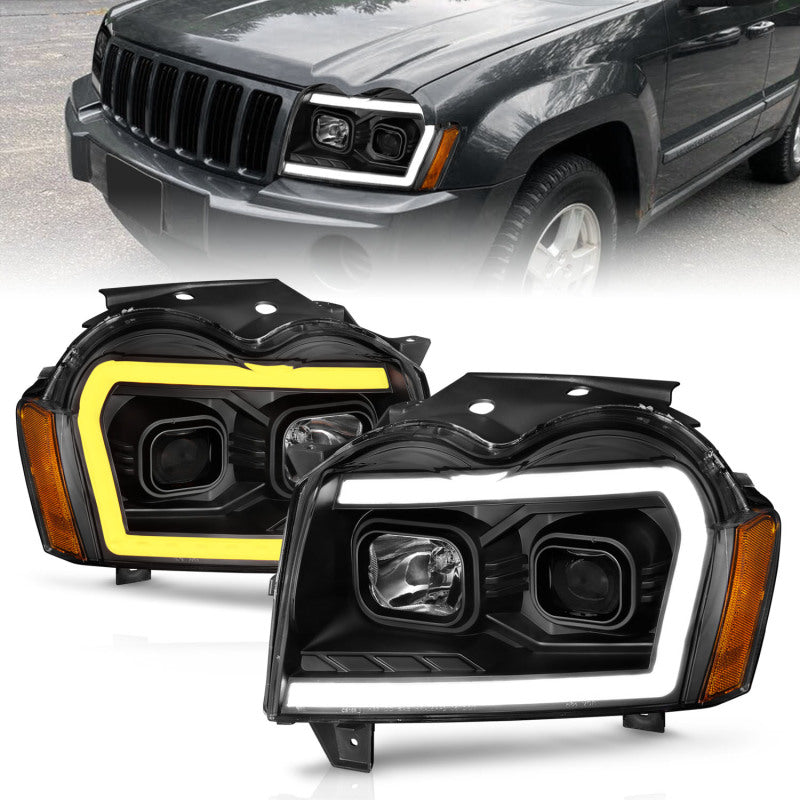 Phares de projecteur ANZO 2005-2007 Jeep Grand Cherokee avec barre lumineuse Switchback boîtier noir