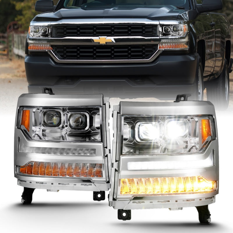 Phares de projecteur à LED ANZO 16-18 Chevrolet Silverado 1500 avec interrupteur de style planche chromé avec ambre