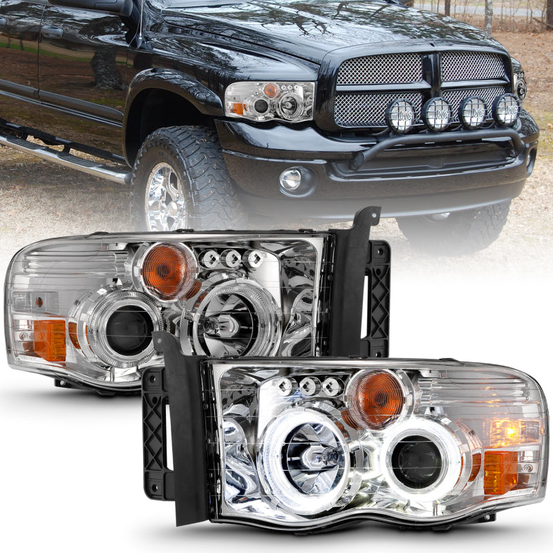 ANZO 2002-2005 Dodge Ram 1500 Phares de projecteur avec halo chromé ambre clair