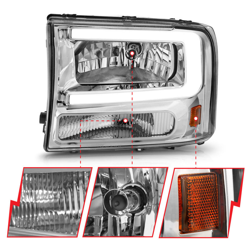 Phares en cristal ANZO 99-04 Ford F250/F350/F450/Excursion (excl. 99) - avec boîtier chromé pour barre lumineuse