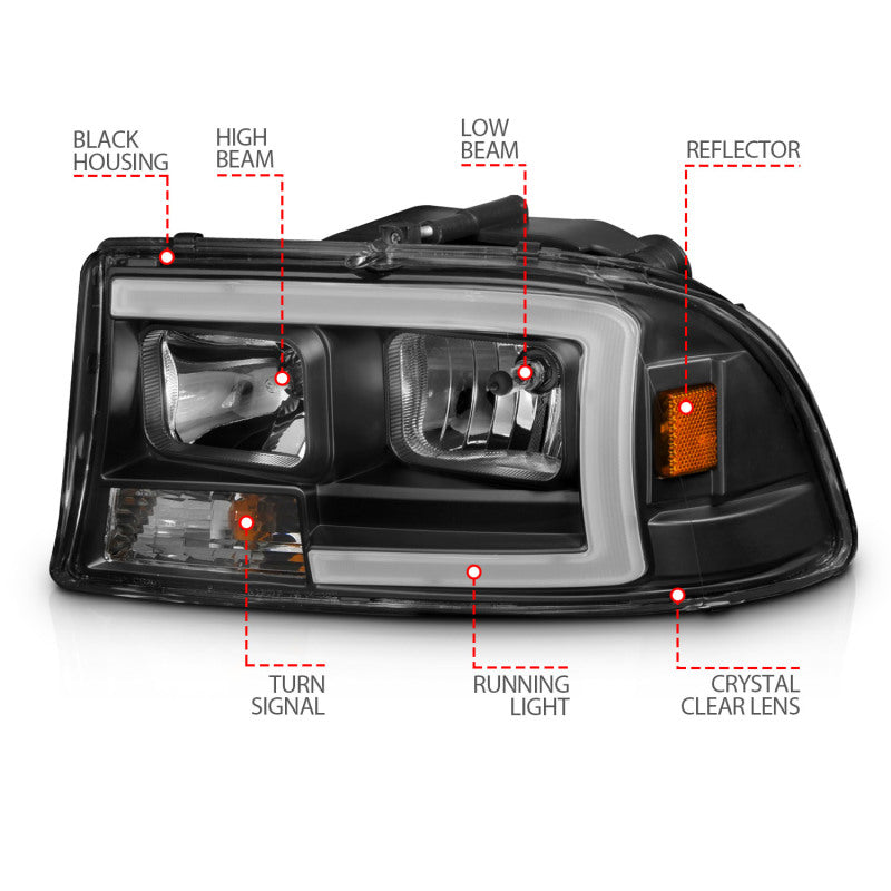 Ensemble de phares ANZO 97-04 Dodge Dakota/Durango Crystal avec barre lumineuse et boîtier noir