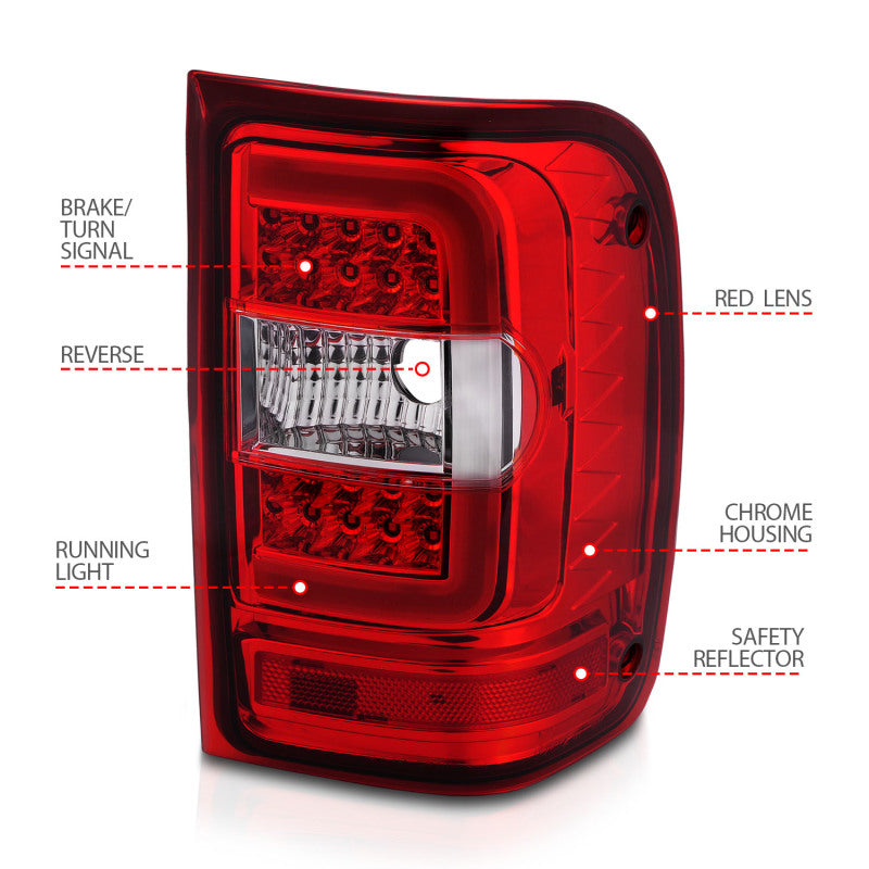 Feux arrière à LED ANZO 2001-2011 Ford Ranger avec barre lumineuse, boîtier chromé, lentille rouge/transparente