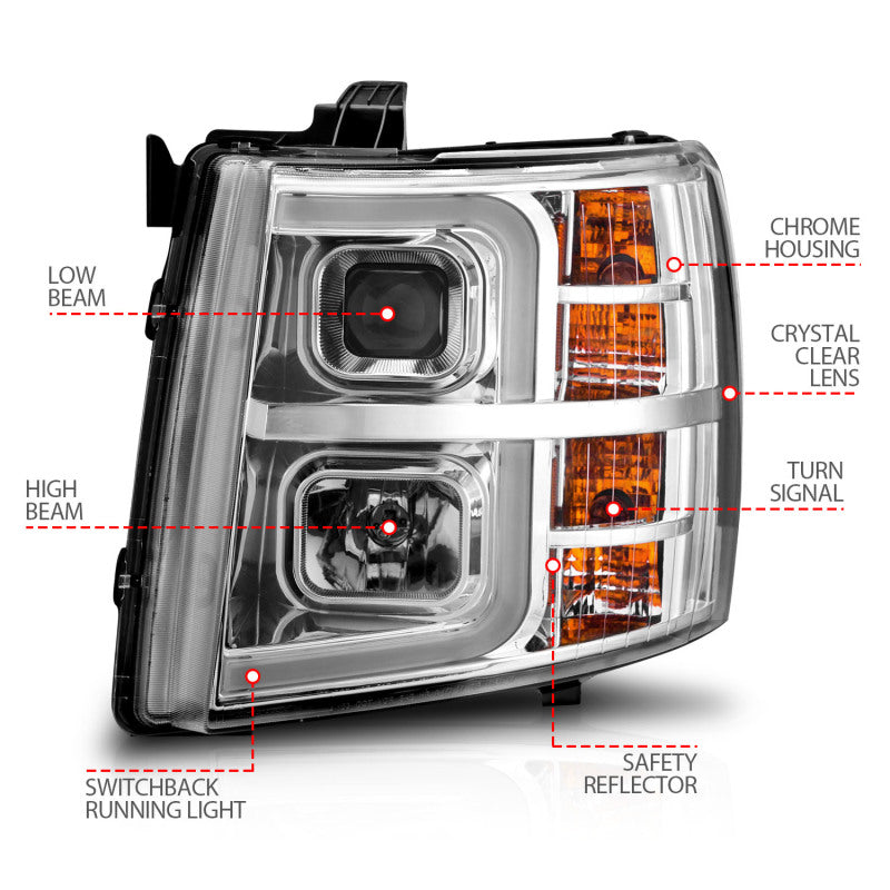 ANZO 2007-2013 Chevrolet Silverado 1500 Projecteur avec barre lumineuse Boîtier chromé avec séquentiel