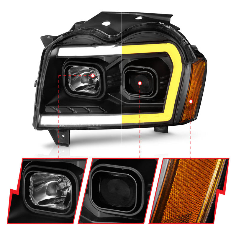 Phares de projecteur ANZO 2005-2007 Jeep Grand Cherokee avec barre lumineuse Switchback boîtier noir