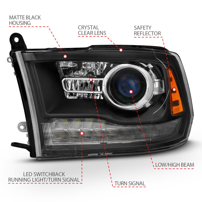 ANZO 2009-2018 Dodge Ram 1500 Phares de projecteur de style planche Halo avec Switchback Noir mat