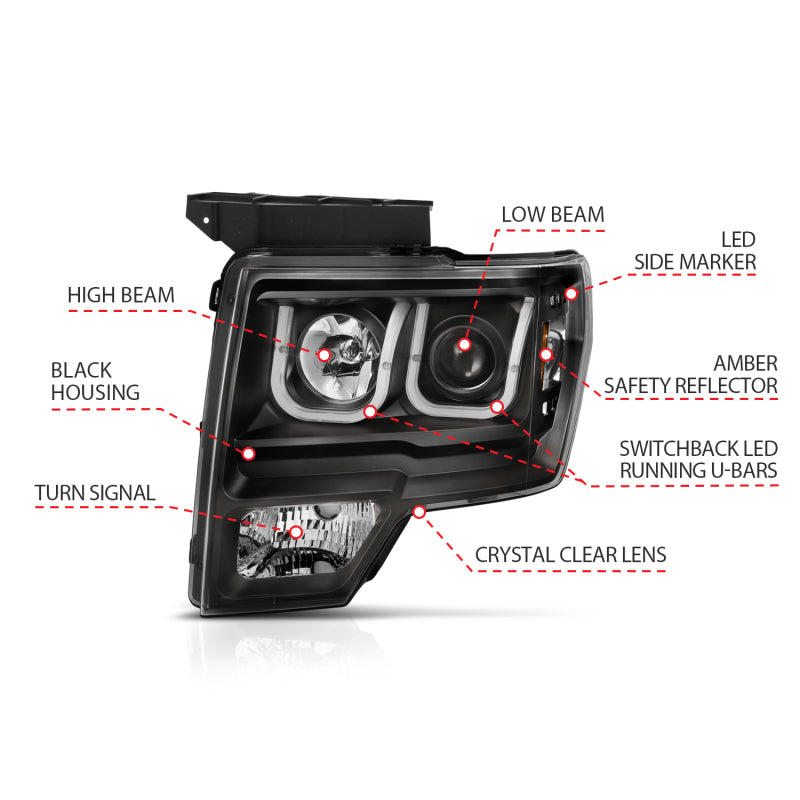Phares de projecteur ANZO 2009-2014 Ford F-150 avec interrupteur en U noir et ambre