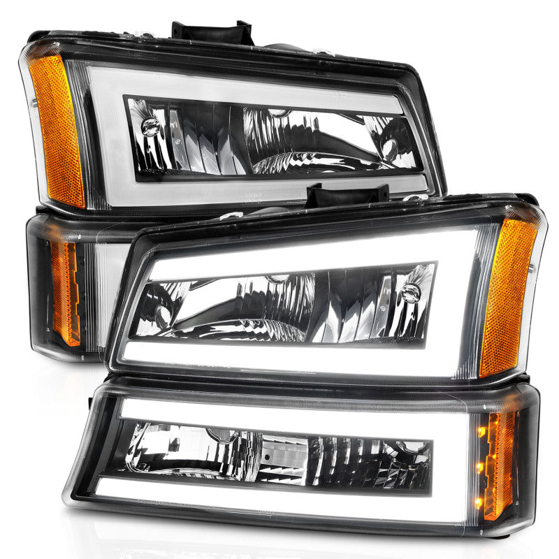 Phares en cristal ANZO 2003-2006 Chevrolet Silverado 1500 avec barre lumineuse et boîtier noir
