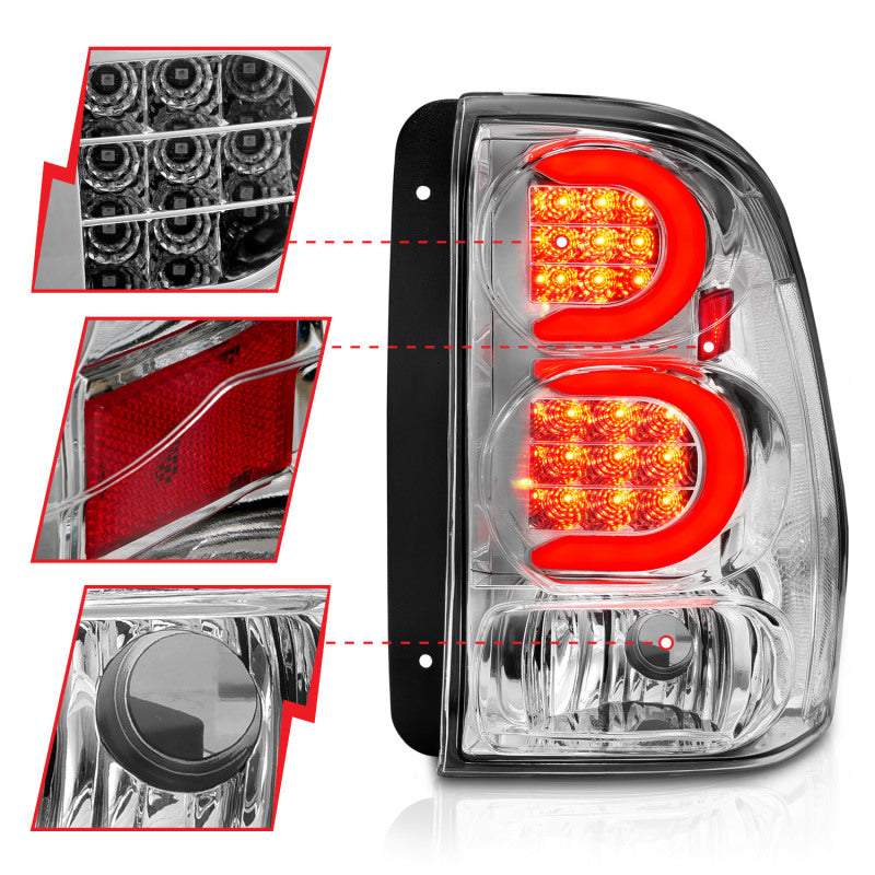 Feux arrière à LED ANZO 2002-2009 Chevrolet Trailblazer avec barre lumineuse, boîtier chromé, lentille transparente