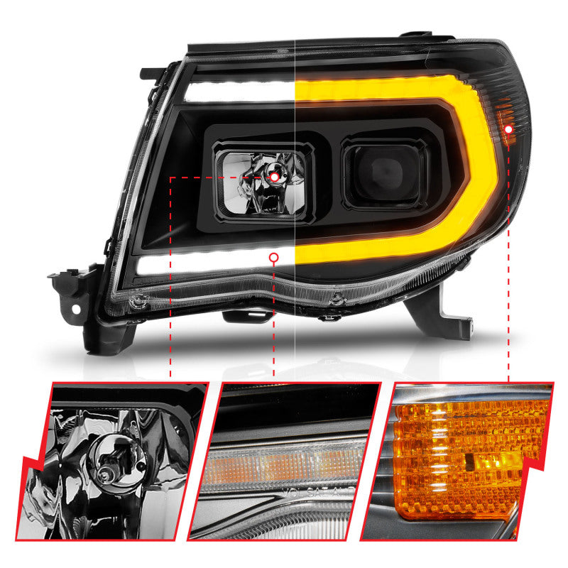Phares de projecteur ANZO 05-11 Toyota Tacoma avec barre lumineuse Switchback boîtier noir