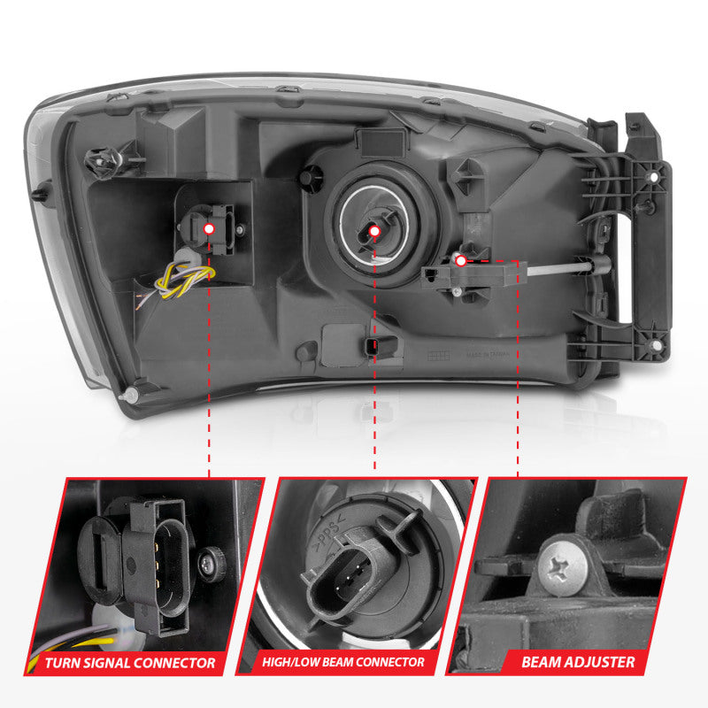 ANZO 06-09 Dodge RAM 1500/2500/3500 Headlights Black Housing/Clear Lens (w/Switchback Light Bars)