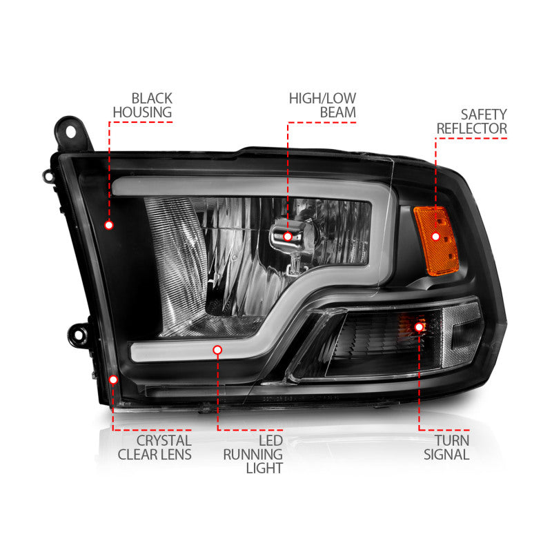 Phares en cristal ANZO 2009-2018 Dodge Ram 1500 avec barre lumineuse et boîtier noir