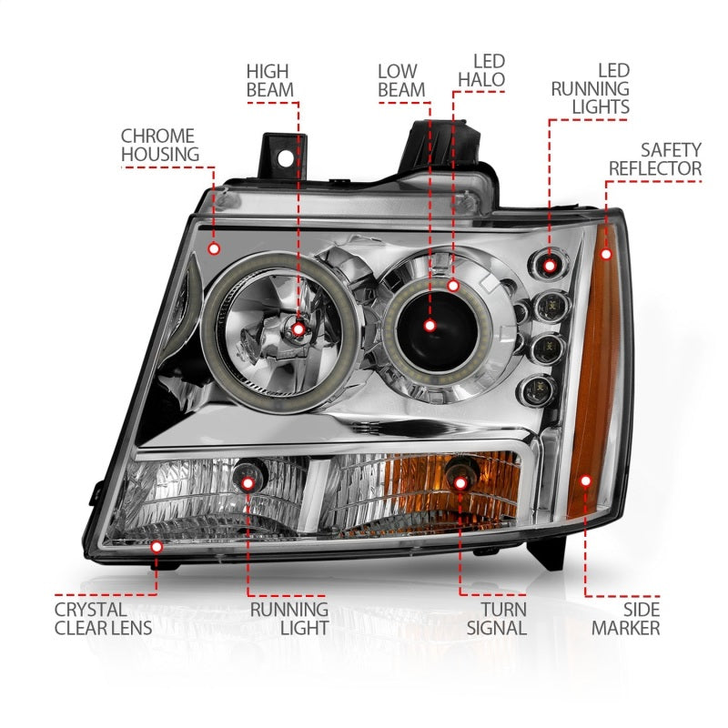 Phares de projecteur ANZO 2007-2013 Chevrolet Avalanche avec halo chromé