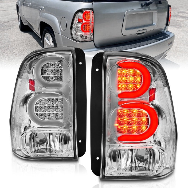 Feux arrière à LED ANZO 2002-2009 Chevrolet Trailblazer avec barre lumineuse, boîtier chromé, lentille transparente