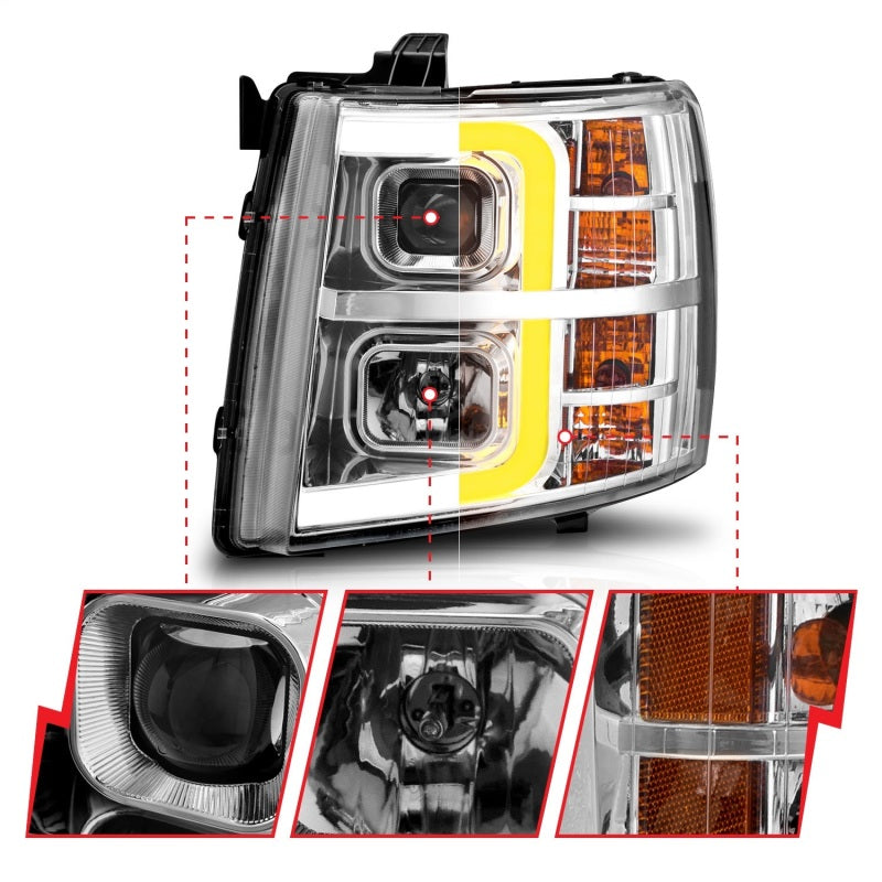 ANZO 2007-2013 Chevrolet Silverado 1500 Projecteur avec barre lumineuse Boîtier chromé avec séquentiel