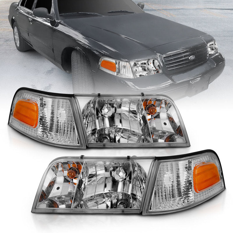 Phare avant ANZO 1998-2005 Ford Crown Victoria Crystal Chrome avec éclairage de pare-chocs (OE)