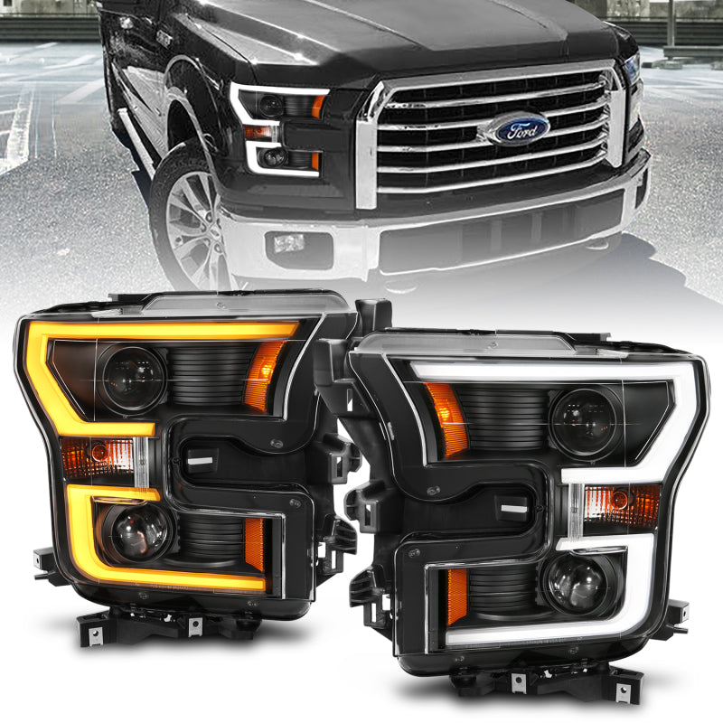 Phares de projecteur ANZO 2015-2017 Ford F-150 avec interrupteur de style planche noir avec ambre