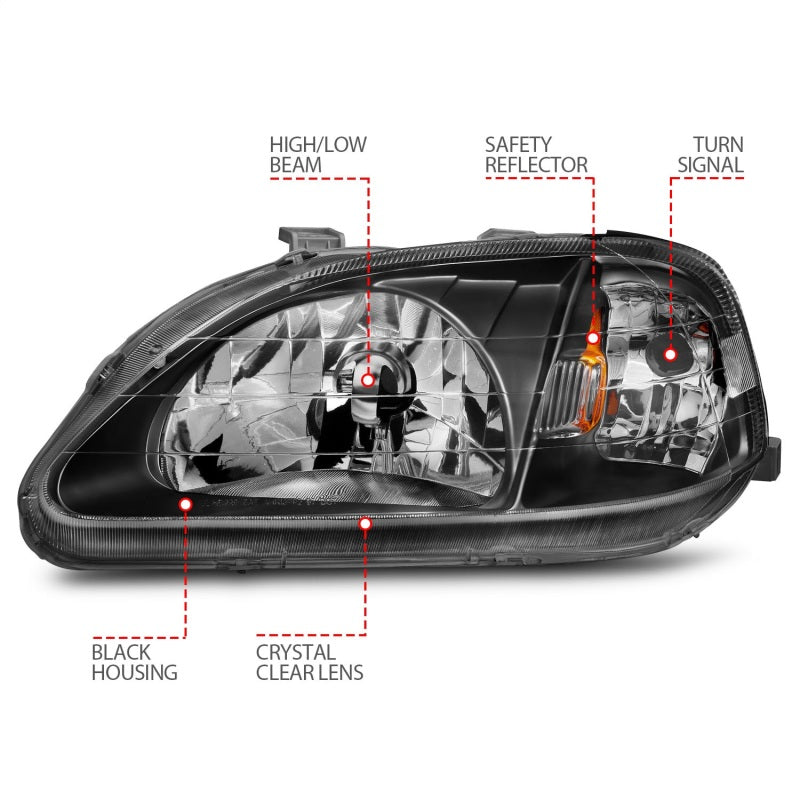 Phares en cristal ANZO Honda Civic 1999-2000 Noir