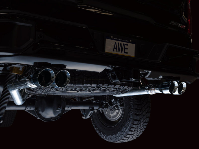 AWE Tuning 22-23 GMC Sierra 1500 AT4X 6.2L 0FG Catback Split Dual (pare-chocs plat) - Embouts chromés argentés