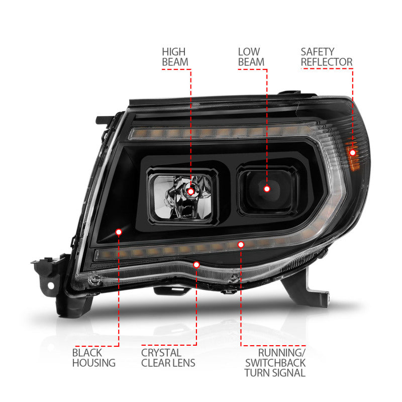 Phares de projecteur ANZO 05-11 Toyota Tacoma avec barre lumineuse Switchback boîtier noir