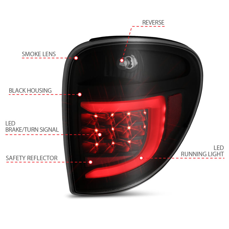 ANZO 2004-2007 Dodge Grand Caravan Feux arrière à LED avec barre lumineuse Boîtier noir Lentille fumée