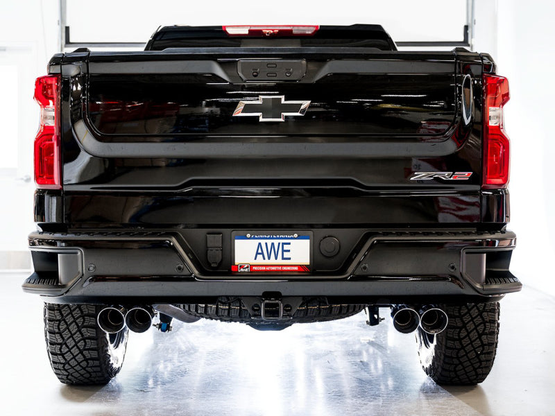 AWE Tuning 22-23 GMC Sierra 1500 AT4X 6.2L 0FG Catback Split Dual (pare-chocs plat) - Embouts chromés argentés