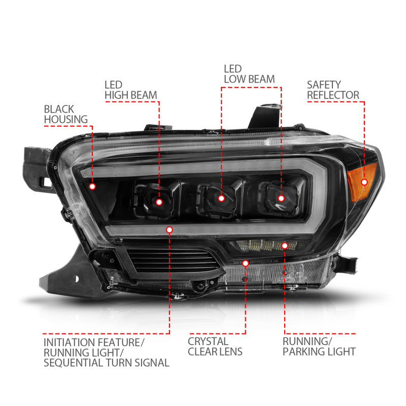 Phares de projecteur à LED ANZO 16-22 Toyota Tacoma avec barre lumineuse séquentielle, boîtier noir avec initiation