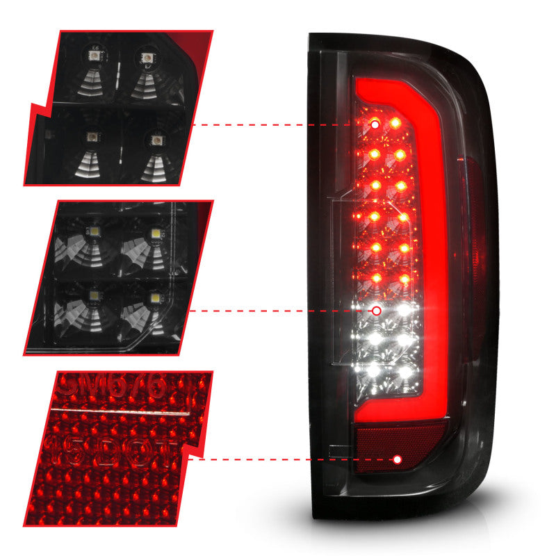 Feux arrière à LED ANZO 15-21 GMC Canyon avec barre lumineuse rouge, boîtier noir, lentille fumée