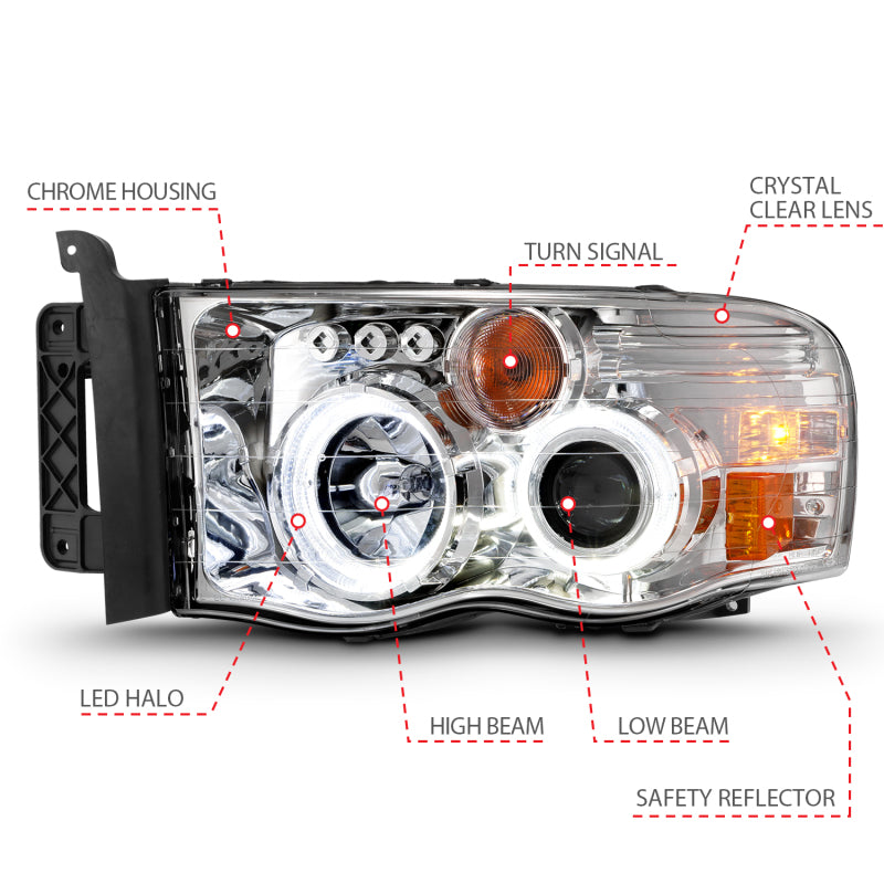 ANZO 2002-2005 Dodge Ram 1500 Phares de projecteur avec halo chromé ambre clair