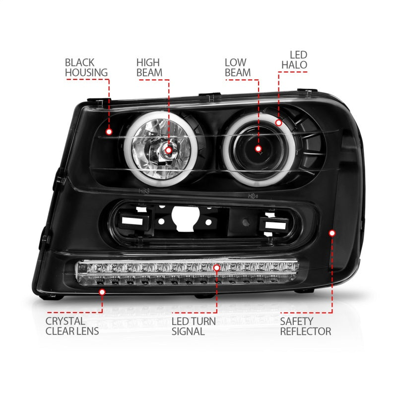 Phares de projecteur ANZO 2002-2009 Chevrolet Trailblazer avec halo noir