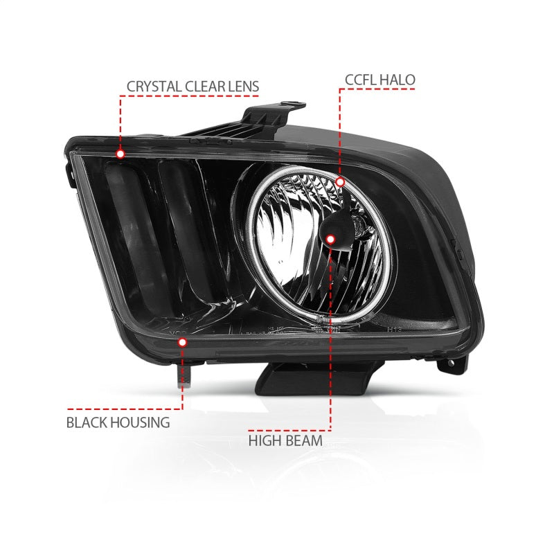 Phares en cristal ANZO 2005-2009 Ford Mustang avec halo noir (CCFL)