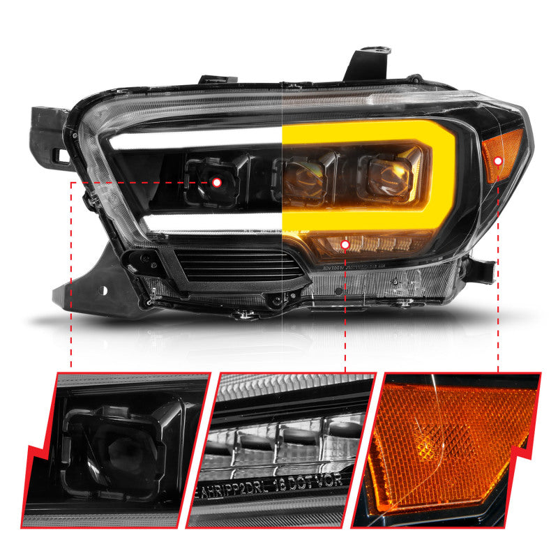 Phares de projecteur à LED ANZO 16-22 Toyota Tacoma avec barre lumineuse séquentielle, boîtier noir avec initiation