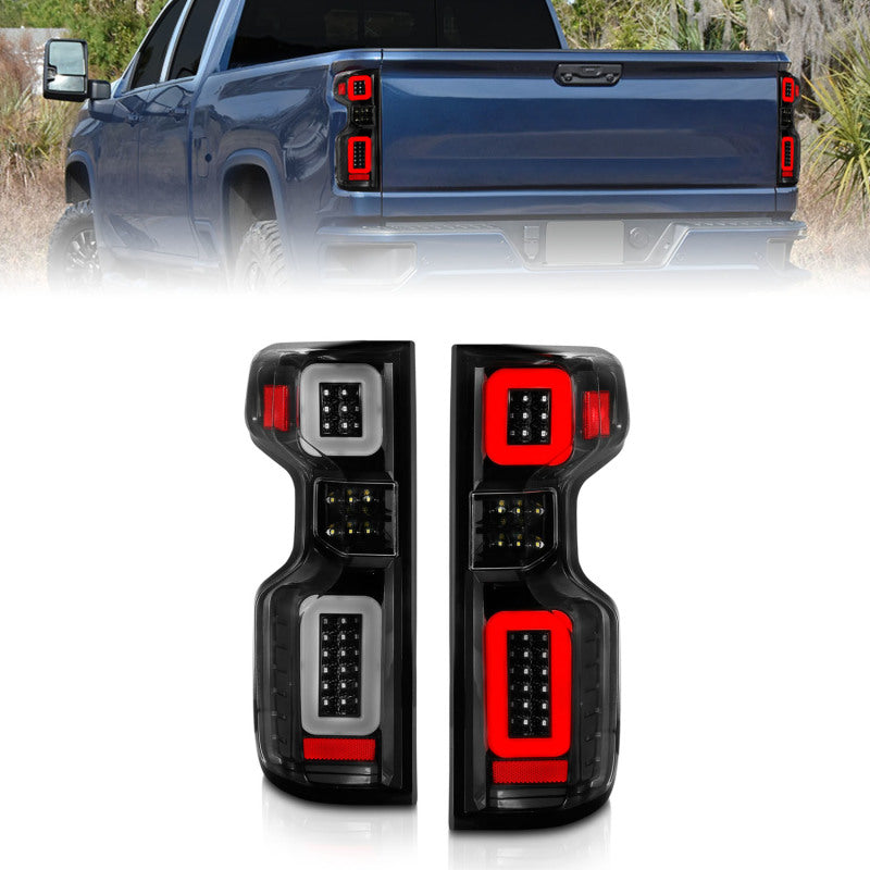 Anzo 19-21 Chevy Silverado Work TruckFeux arrière entièrement à LED Boîtier noir Lentille transparente G2 (avec barres lumineuses C)