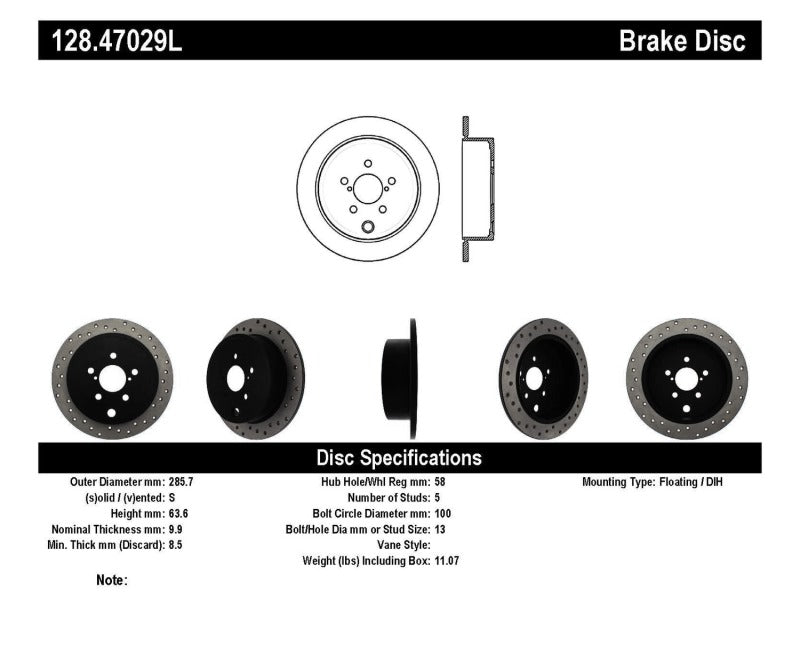 Rotor arrière gauche percé StopTech 08-10 WRX