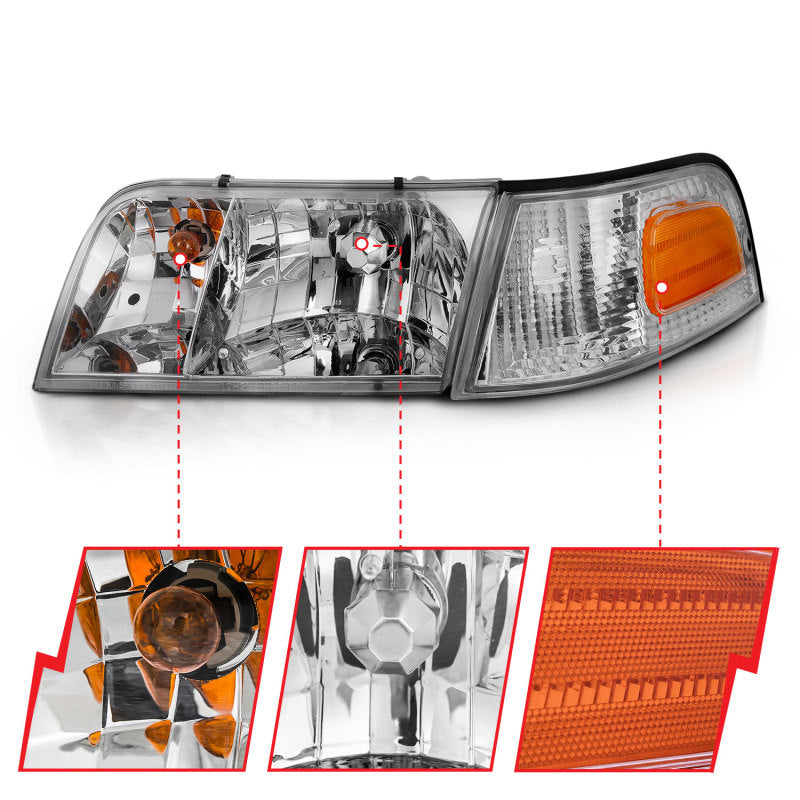 Phare avant ANZO 1998-2005 Ford Crown Victoria Crystal Chrome avec éclairage de pare-chocs (OE)
