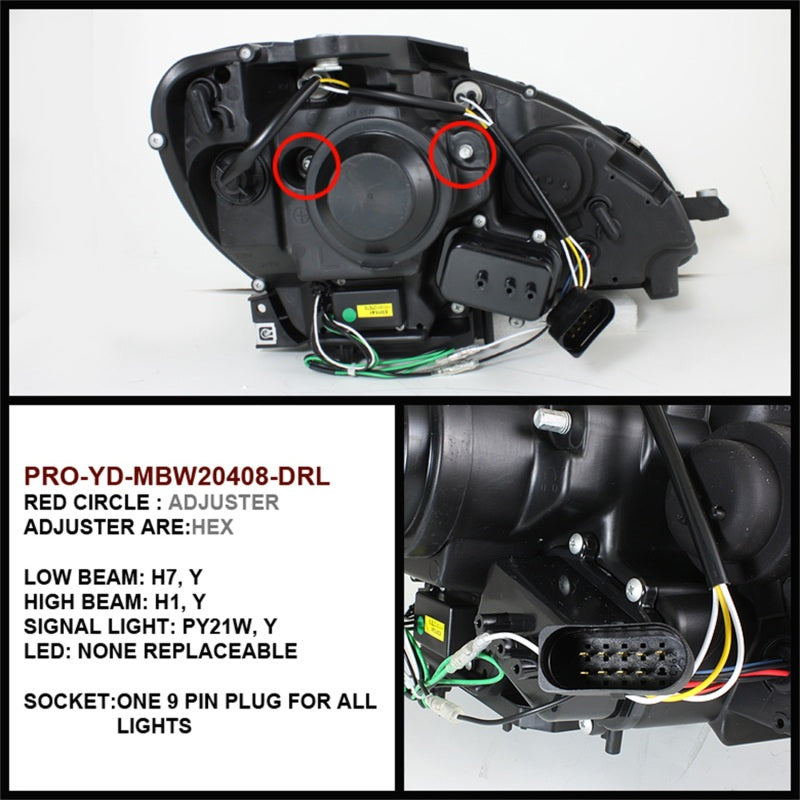 Phares de projecteur halogènes Spyder Mercedes Benz Classe C 08-11 - DRL Blk PRO-YD-MBW20408-DRL-BK