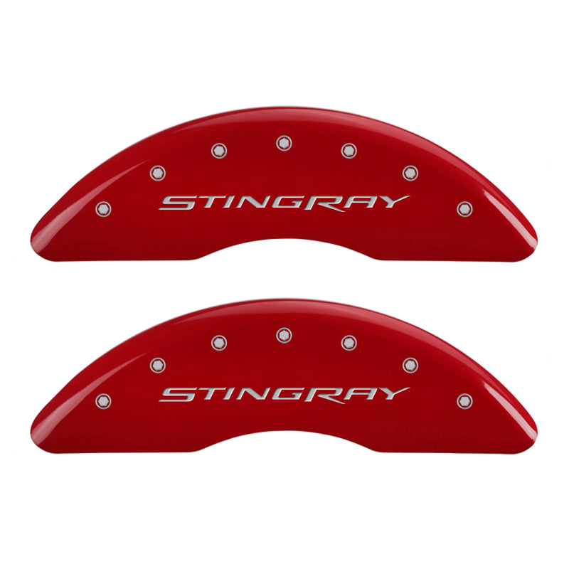 Couvre-étriers MGP 4 gravés avant et arrière Stingray Red finition argent ch
