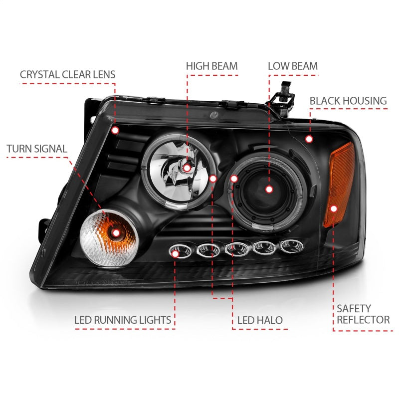 Phares de projecteur ANZO 2004-2008 Ford F-150 avec halo et LED noir G2