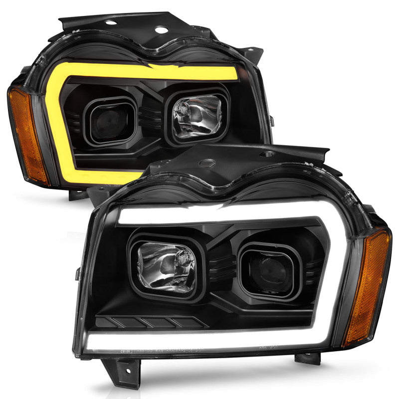 Phares de projecteur ANZO 2005-2007 Jeep Grand Cherokee avec barre lumineuse Switchback boîtier noir