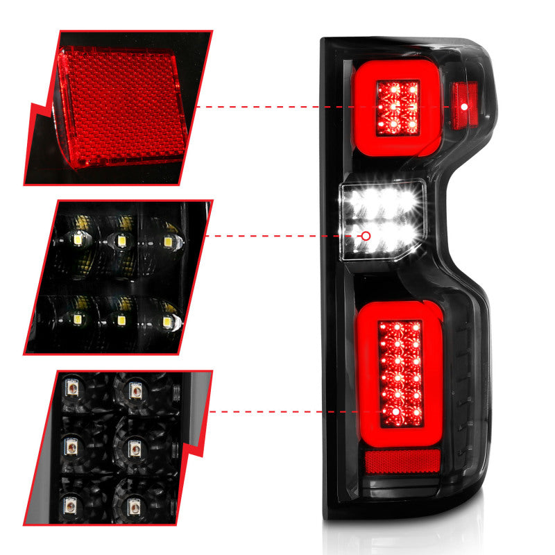 Anzo 19-21 Chevy Silverado Work TruckFeux arrière entièrement à LED Boîtier noir Lentille transparente G2 (avec barres lumineuses C)