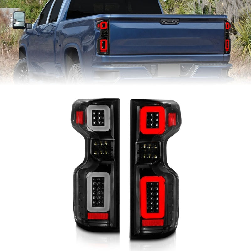 Anzo 19-21 Chevy Silverado Work TruckFeux arrière entièrement à LED Boîtier noir Lentille transparente G2 (avec barres lumineuses C)