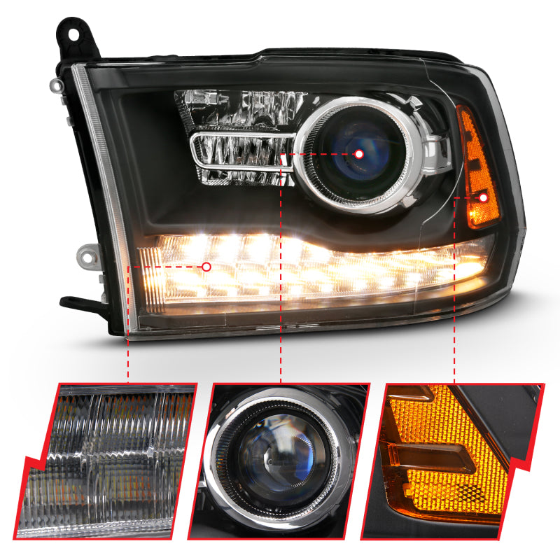 ANZO 2009-2018 Dodge Ram 1500 Phares de projecteur de style planche Halo avec Switchback Noir mat