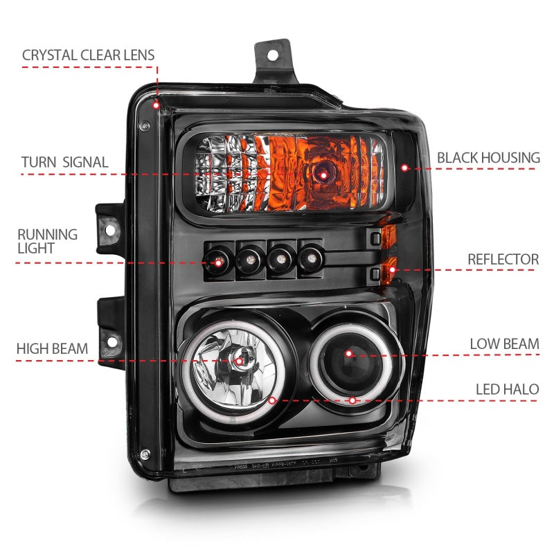 Phares de projecteur ANZO 2008-2010 Ford F-250 avec halo noir (CCFL)