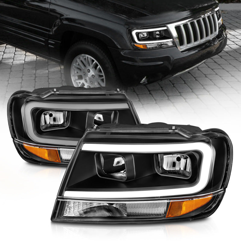 Phares en cristal ANZO 99-04 Jeep Grand Cherokee - avec boîtier noir à barre lumineuse