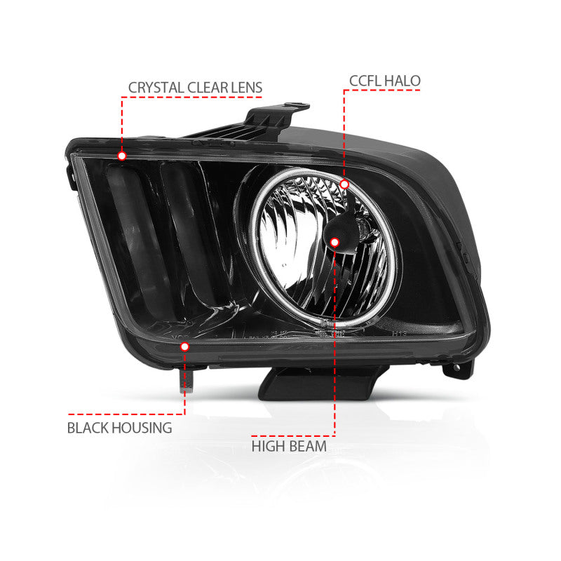 Phares en cristal ANZO 2005-2009 Ford Mustang avec halo noir (CCFL)