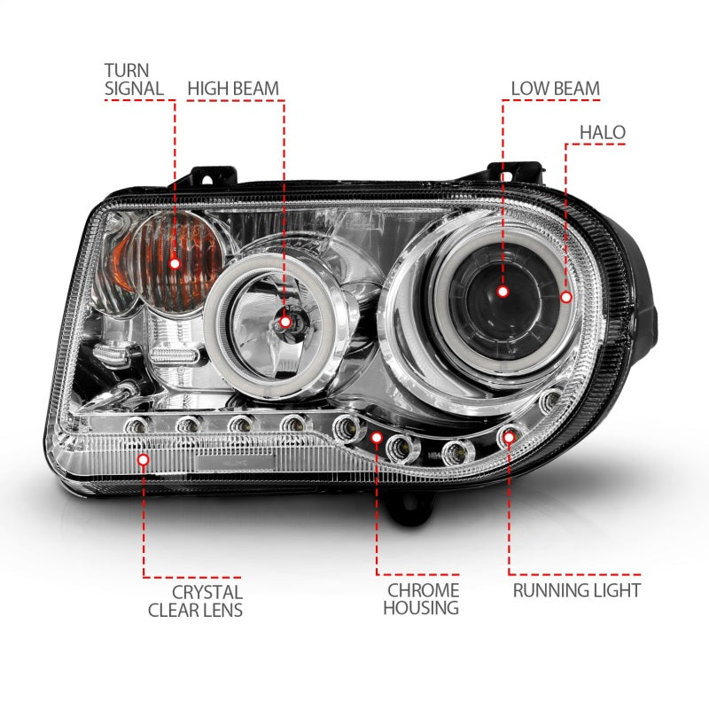 Phares de projecteur ANZO 2005-2010 Chrysler 300C avec halo chromé (CCFL) G2