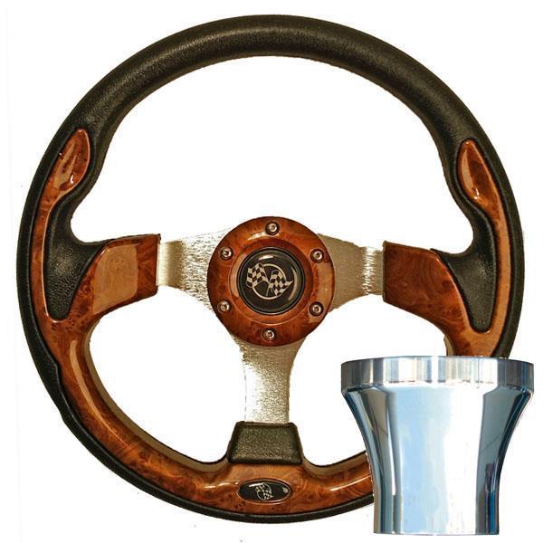 GTW Steering Wheel Kit, Woodgrain/Rally 12.5 W/Chrome Adapter, EZGO