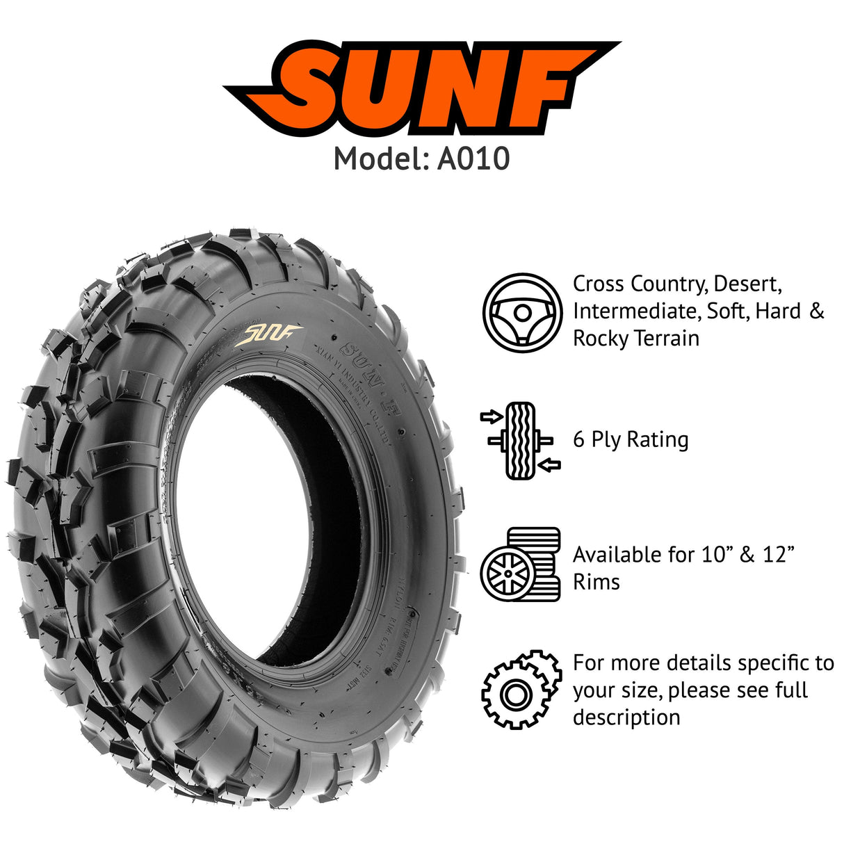 SunF ATV TIRE/UTV TIRE All Terrain 6 PR Tubeless A010 (set of 2) SUNF