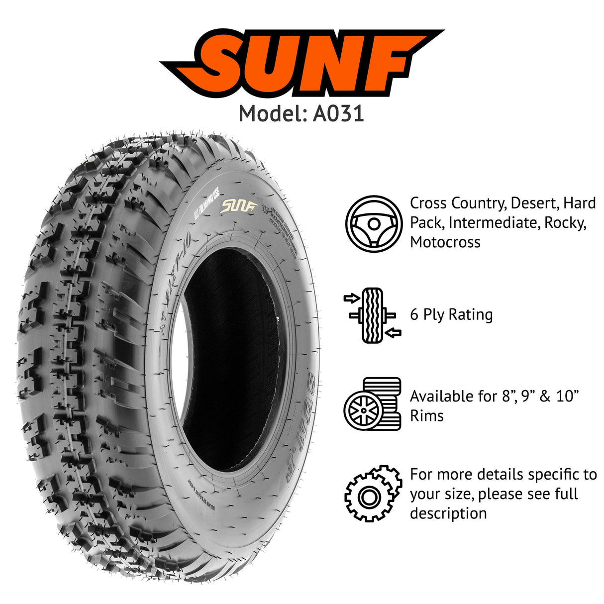 SunF ATV TIRE/UTV TIRE All Terrain 6 PR Tubeless A032 (set of 4) SUNF